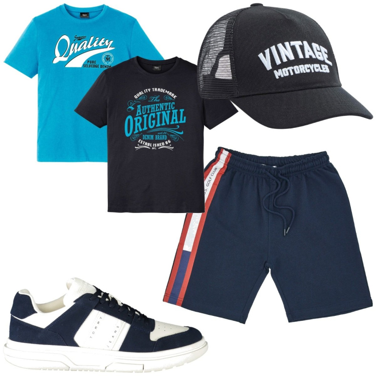 Outfit uomo - Total look #1899816. Stile Trendy per Tutti i giorni. Abbinamento con t-shirt, cappelli, pantaloni, sneakers.