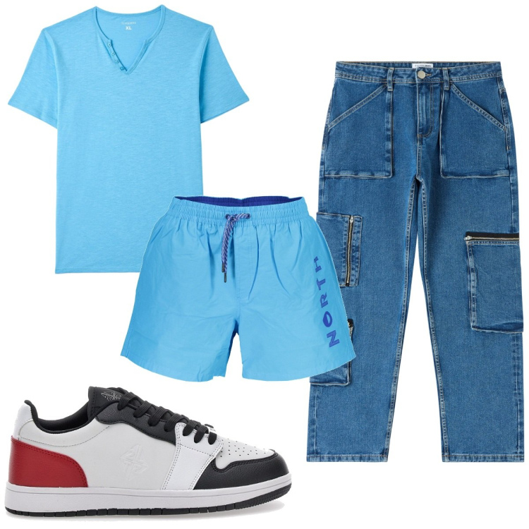 Outfit uomo - Total look #1899817. Stile Trendy per Mare. Abbinamento con jeans, t-shirt, costumi, sneakers.