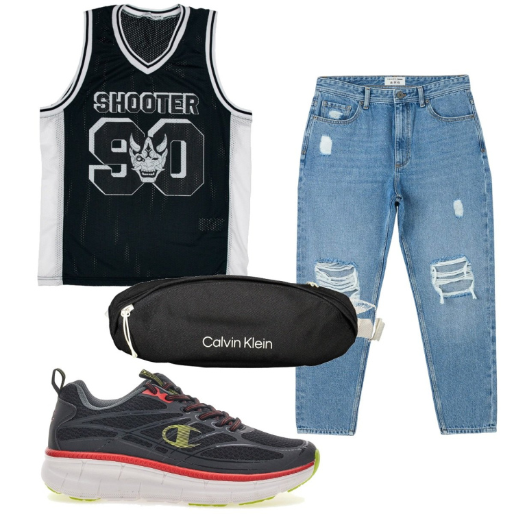 Outfit uomo - Total look #1899822. Stile Trendy per Tutti i giorni. Abbinamento con jeans strappati, scarpe sportive, borse sportive, t-shirt.