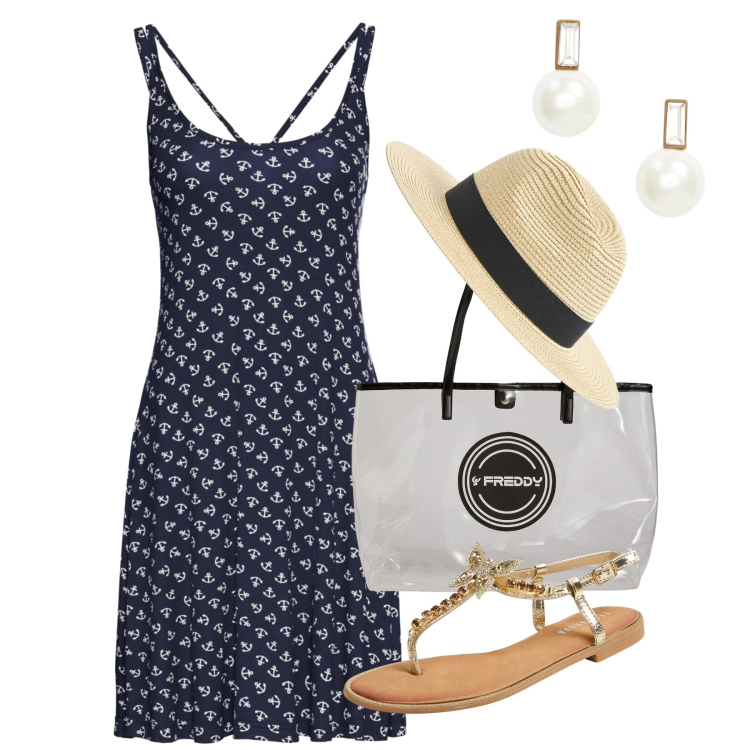 Outfit donna - Passeggiata. Stile Bon Ton per Tutti i giorni. Abbinamento con vestiti, cappelli, sandali gioiello, shopping bag, orecchini.