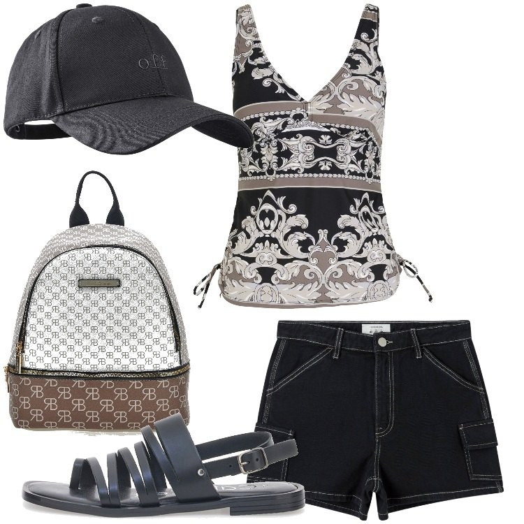 Outfit donna - Fresca con gli shorts. Stile Casual per Tutti i giorni. Abbinamento con cappelli con visiera, top, pantaloni corti, sandali in pelle, zaini.