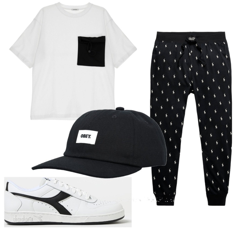 Outfit uomo - Total look #1899834. Stile Trendy per Tutti i giorni. Abbinamento con t-shirt, pantaloni, sneakers, cappelli.