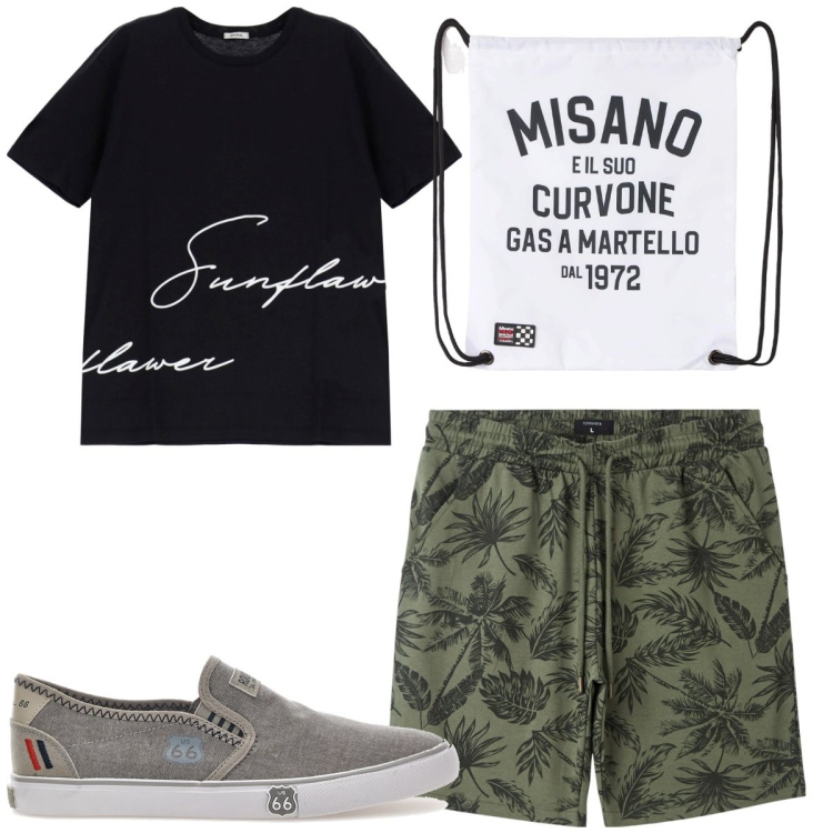 Outfit uomo - Total look #1899836. Stile Trendy per Tutti i giorni. Abbinamento con borse sportive, bermuda, t-shirt, sneakers.
