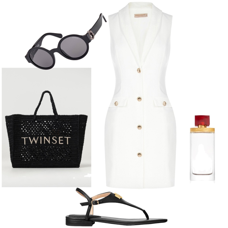 Outfit donna - A pranzo con amici. Stile Bon Ton per Tutti i giorni. Abbinamento con profumi, vestiti a tubino, sandali in pelle, borse tote, occhiali da sole.