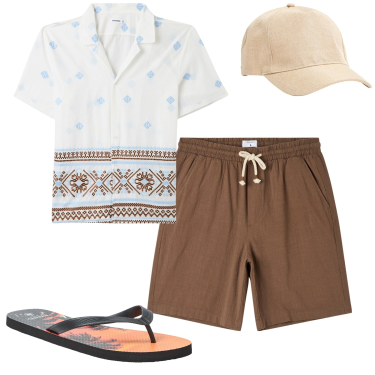 Outfit uomo - Holiday. Stile Casual per Tutti i giorni. Abbinamento con sandali, camicie a manica corta, cappelli, shorts.