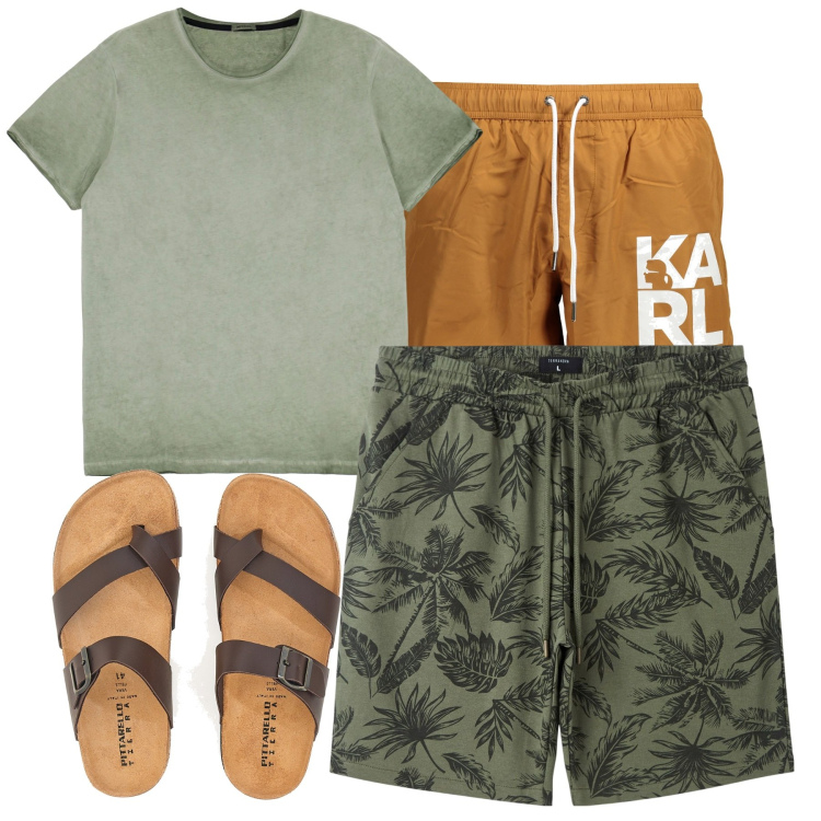 Outfit uomo - Mare. Stile Casual per Mare. Abbinamento con bermuda, t-shirt, sandali, costumi.