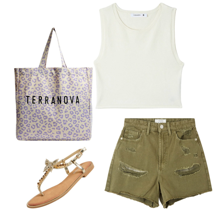 Outfit donna - Pomeriggio con amici. Stile Casual per Tutti i giorni. Abbinamento con shorts, top, shopping bag, sandali gioiello.