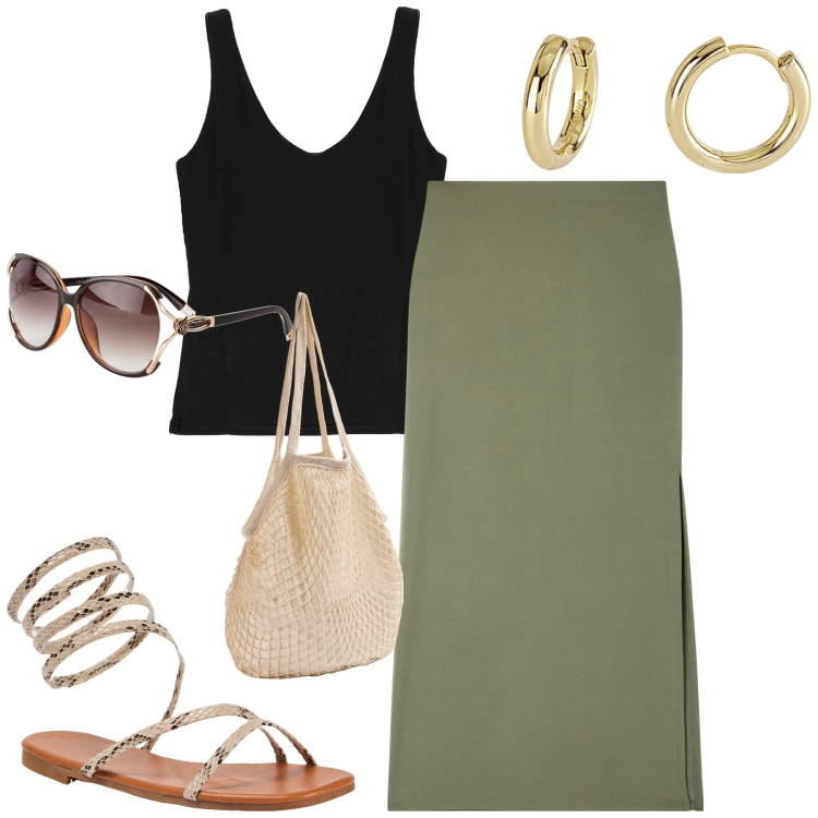 Outfit donna - City. Stile Casual chic per Tutti i giorni. Abbinamento con occhiali da sole, gonne lunghe, borse a spalla, sandali, orecchini, top.