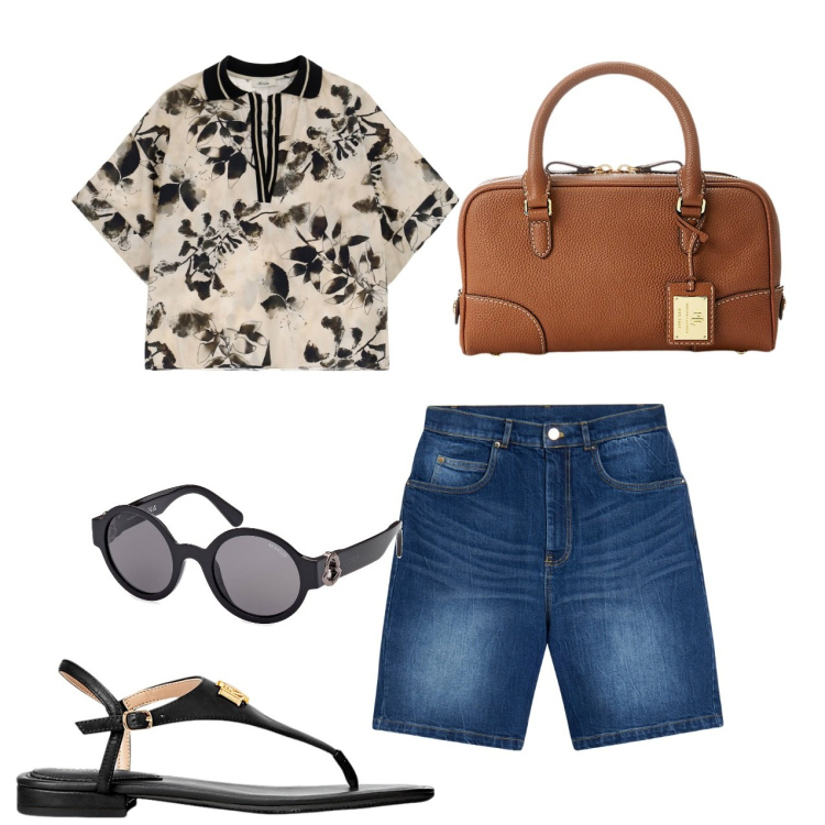 Outfit donna - In città. Stile Casual chic per Tutti i giorni. Abbinamento con camicie a manica corta, shorts, sandali in pelle, borse a mano, occhiali da sole.