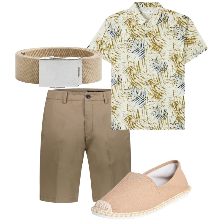 Outfit uomo - City. Stile Casual per Tutti i giorni. Abbinamento con camicie a manica corta, espadrillas, cinture, bermuda.