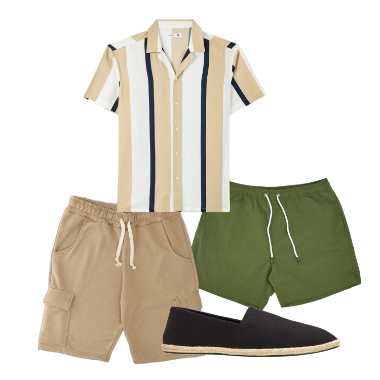 Outfit uomo - Mare. Stile Casual per Mare. Abbinamento con espadrillas, camicie a manica corta, pantaloni, costumi.