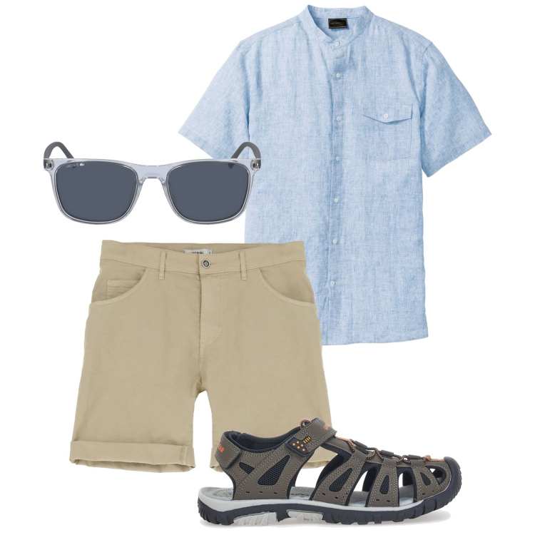 Outfit uomo - City. Stile Casual per Tutti i giorni. Abbinamento con camicie a manica corta, shorts, occhiali da sole, sandali.