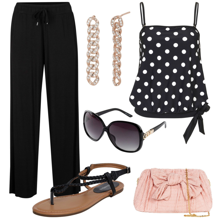 Outfit donna - Summer over size. Stile Casual chic per Tutti i giorni. Abbinamento con top, pantaloni, occhiali da sole, ciabatte, orecchini, pochette.