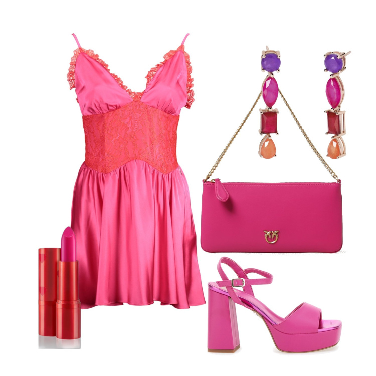 Outfit donna - Ghost outfitter - giugno. Stile Romantica per Serata fuori. Abbinamento con rossetti, orecchini, vestiti corti, sandali col tacco, borse a spalla.
