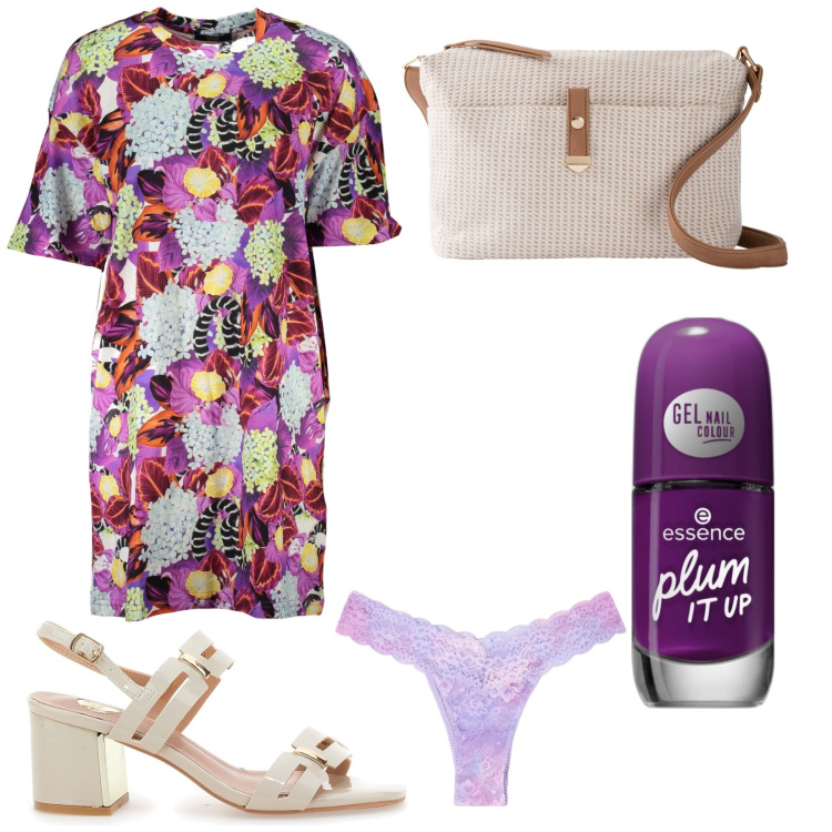 Outfit donna - Estate in fiore. Stile Basic per Tutti i giorni. Abbinamento con borse a tracolla, smalti, culotte, sandali col tacco, vestiti corti.