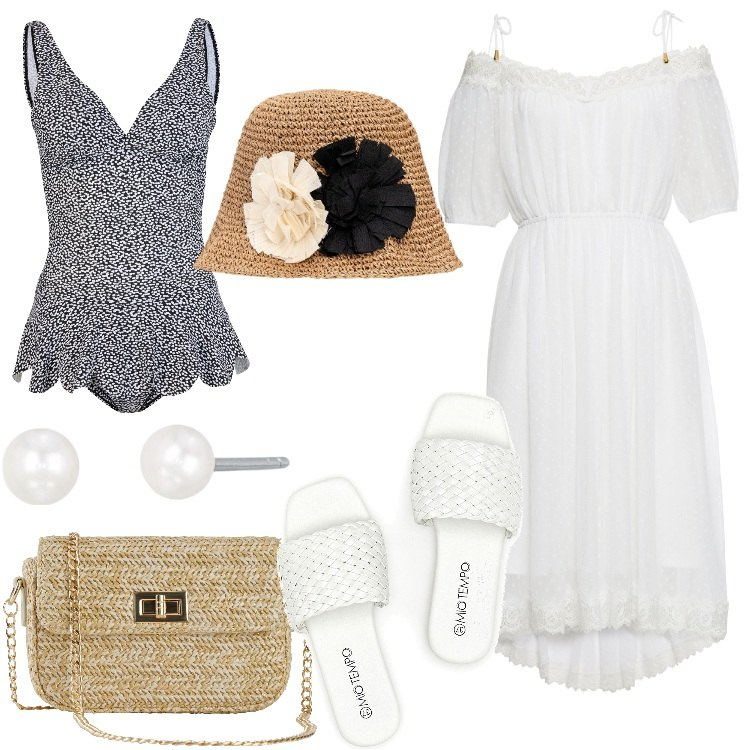 Outfit donna - Look romantico al mare. Stile Romantica per Mare. Abbinamento con vestiti, costumi interi, borse a mano, orecchini, ciabatte, cappelli.