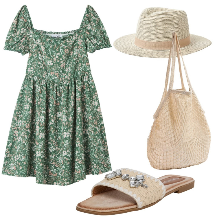Outfit donna - Total look #1899923. Stile Basic per Tutti i giorni. Abbinamento con vestiti corti, ciabatte, borse a spalla, cappelli.