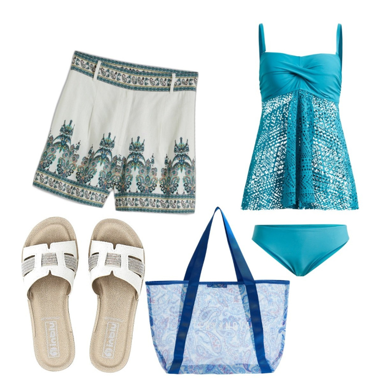 Outfit donna - Outfit per il mare oversize. Stile Etnico per Mare. Abbinamento con costumi interi, shorts, shopping bag, ciabatte.