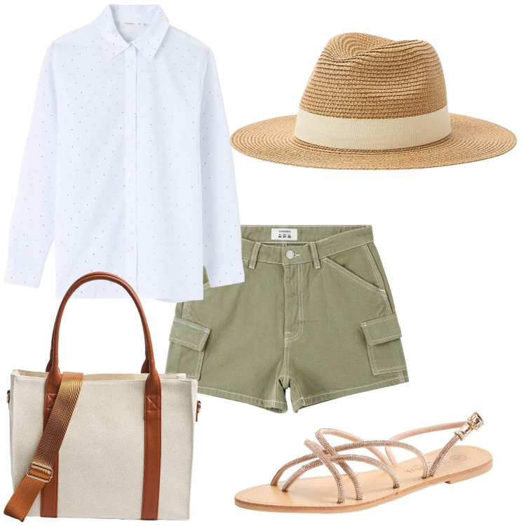 Outfit donna - Total look #1899927. Stile Casual chic per Tutti i giorni. Abbinamento con sandali, pantaloni corti, cappelli, camicie, shopping bag.
