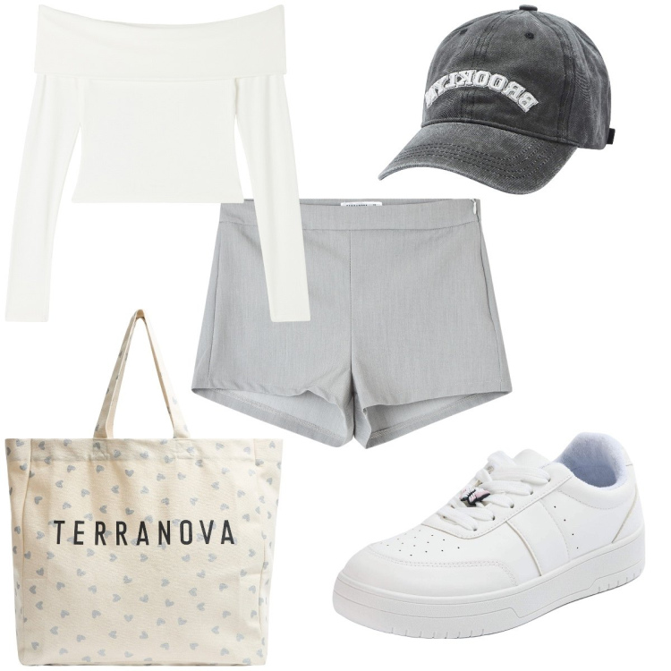 Outfit donna - Total look #1899929. Stile Casual per Tutti i giorni. Abbinamento con cappelli, pantaloni corti, t-shirt, sneakers, shopping bag.
