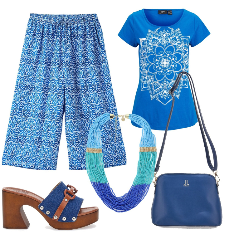 Outfit donna - Look leggeri per stare fuori. Stile Boho per Tutti i giorni. Abbinamento con t-shirt, pantaloni a palazzo, collane, borse a tracolla, zoccoli.