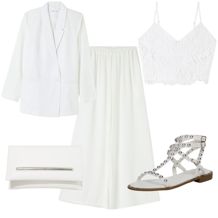 Outfit donna - Total look #1899936. Stile Casual chic per Serata fuori. Abbinamento con top, pantaloni, blazer, sandali, pochette.