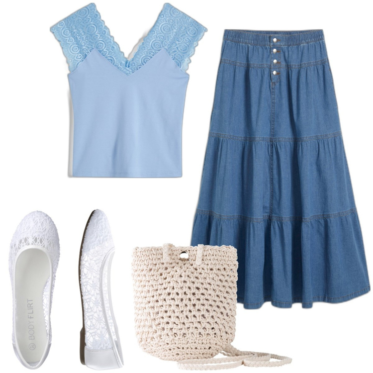 Outfit donna - Total look #1899940. Stile Romantica per Tutti i giorni. Abbinamento con ballerine, maglieria, borse a tracolla, gonne.