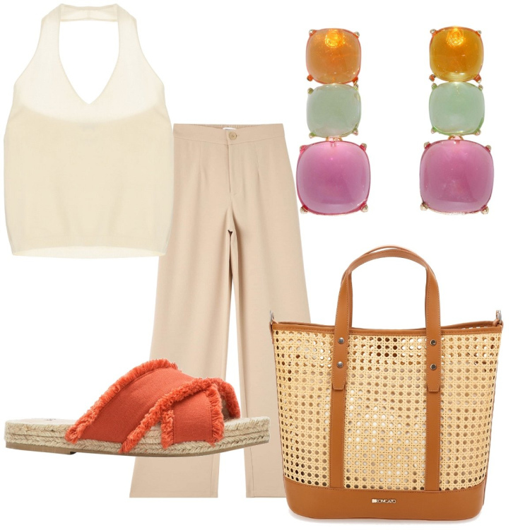 Outfit donna - Total look #1899941. Stile Basic per Tutti i giorni. Abbinamento con ciabatte, pantaloni, maglieria, orecchini, borse a spalla.