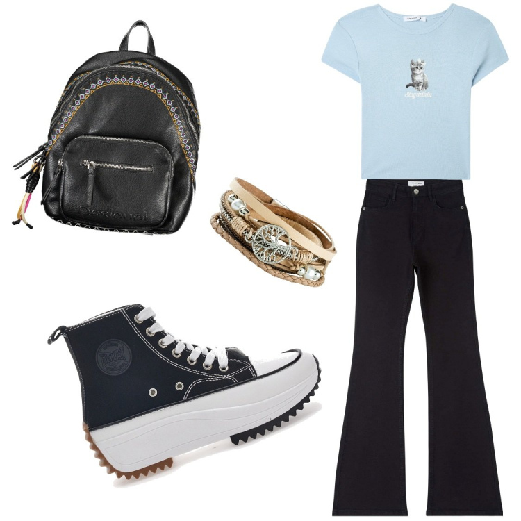 Outfit donna - Tempo libero. Stile Casual per Tutti i giorni. Abbinamento con braccialetti, t-shirt, jeans a zampa, zaini, sneakers.