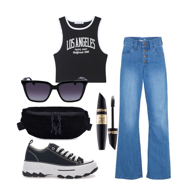 Outfit donna - Ghost outfitter - giugno. Stile Urban per Tutti i giorni. Abbinamento con jeans dritti, mascara, canottiere, marsupi, occhiali da sole, sneakers.