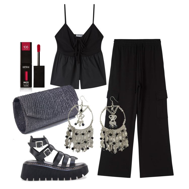 Outfit donna - Ghost outfitter - giugno. Stile Glamour per Serata fuori. Abbinamento con rossetti, top, pantaloni cargo, orecchini, sandali in pelle, pochette.