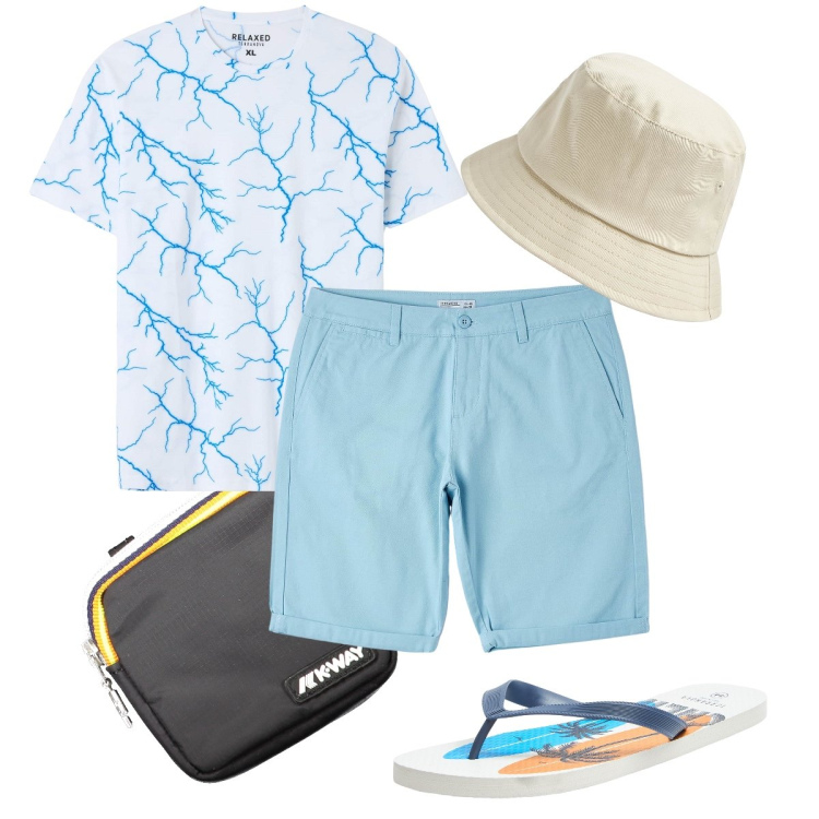 Outfit uomo - Bibita in spiaggia. Stile Casual per Mare. Abbinamento con t-shirt, cappelli, sandali, bermuda, portafogli.