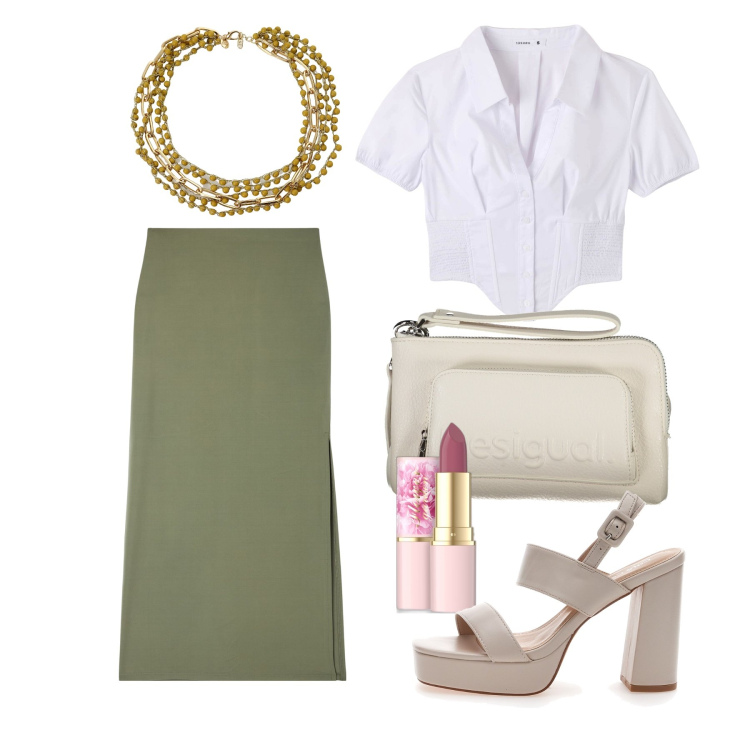 Outfit donna - Ghost outfitter - giugno. Stile Trendy per Tutti i giorni. Abbinamento con rossetti, gonne lunghe, camicie a manica corta, collane, borse a tracolla, sandali col tacco.