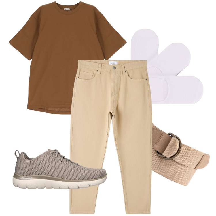 Outfit uomo - Il denim beige. Stile Urban per Ufficio. Abbinamento con pantaloni, calzini, t-shirt, sneakers, cinture.