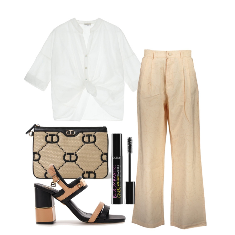 Outfit donna - Ghost outfitter - giugno. Stile Casual chic per Ufficio. Abbinamento con mascara, camicie, sandali col tacco, clutch, pantaloni.