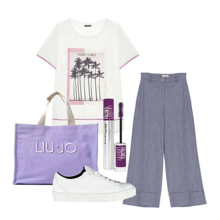 Outfit donna - Ghost outfitter - giugno. Stile Casual chic per Ufficio. Abbinamento con mascara, pantaloni a palazzo, sneakers, t-shirt, borse tote.