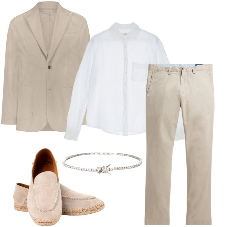 Outfit uomo - Invito ad un matirmonio. Stile Business/Elegante per Cerimonia. Abbinamento con braccialetti, camicie, pantaloni, giacche, espadrillas.