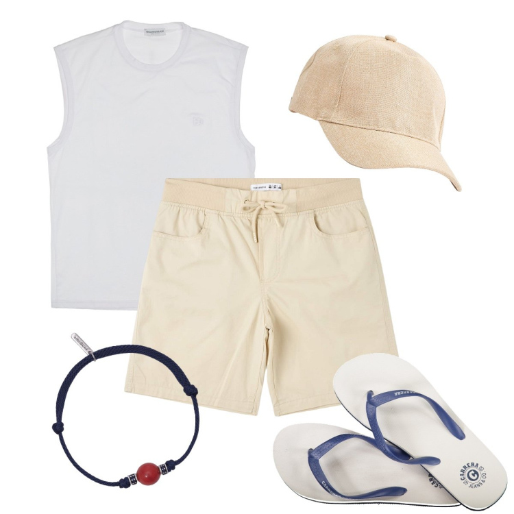 Outfit uomo - Un gelato al chiosco. Stile Casual per Mare. Abbinamento con shorts, cappelli, braccialetti, t-shirt, sandali.