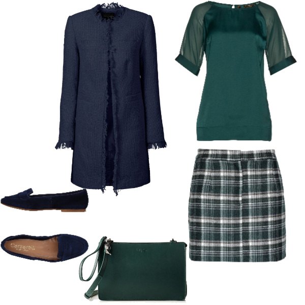 Outfit donna - Bon Ton, arrivato il freddo scozzese. Stile Bon Ton per Tutti i giorni. Abbinamento con blazer, tunica spacchi laterali effetto satinato verde, gonna, mocassini effetto scamosciato con punta tonda tinta unita, clutch.