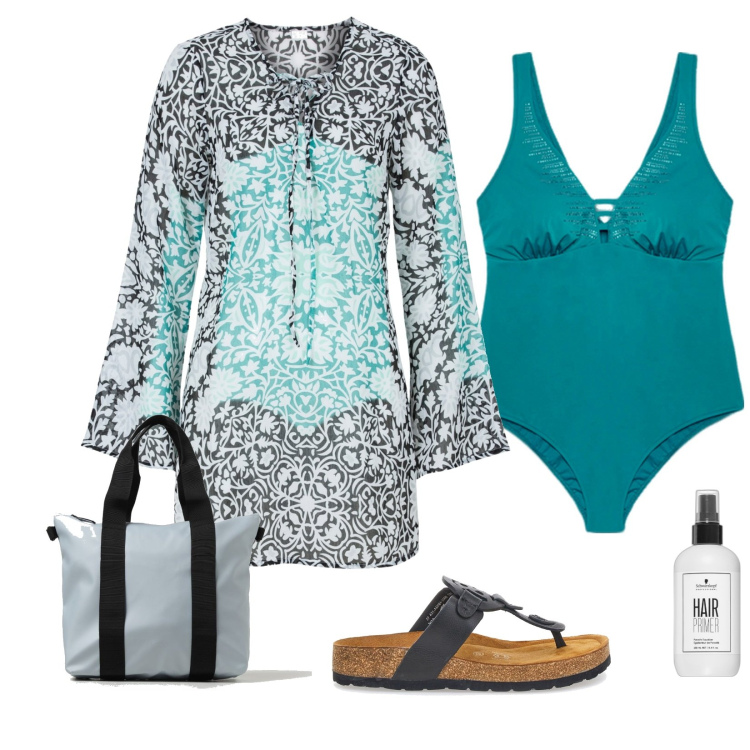 Outfit donna - Villaggio turistico. Stile Casual chic per Mare. Abbinamento con vestiti da spiaggia, primer, infradito, costumi interi, borse a spalla.