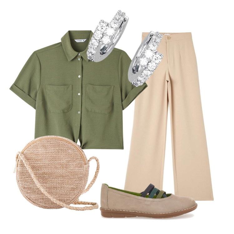 Outfit donna - Total look #1900019. Stile Basic per Ufficio. Abbinamento con borse a tracolla, pantaloni, camicie a manica corta, orecchini, ballerine.