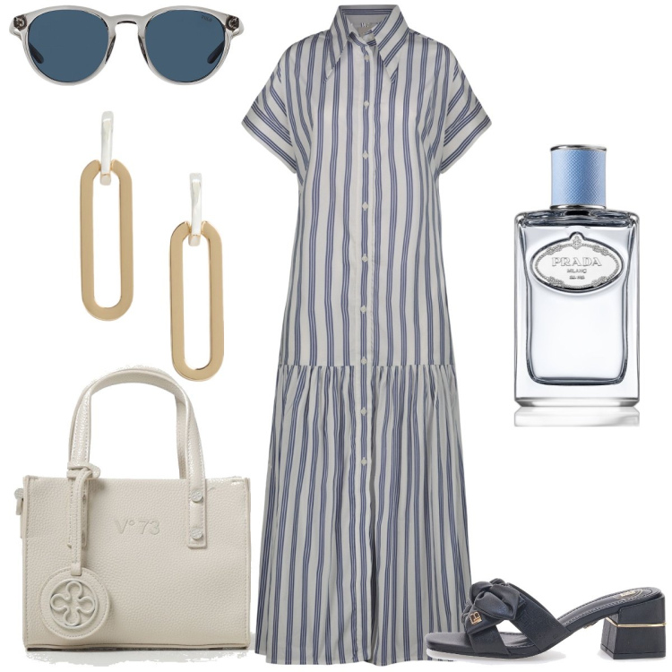 Outfit donna - Shopping. Stile Casual chic per Tutti i giorni. Abbinamento con profumi, occhiali da sole, orecchini, ciabatte, vestiti chemisier, borse tote.