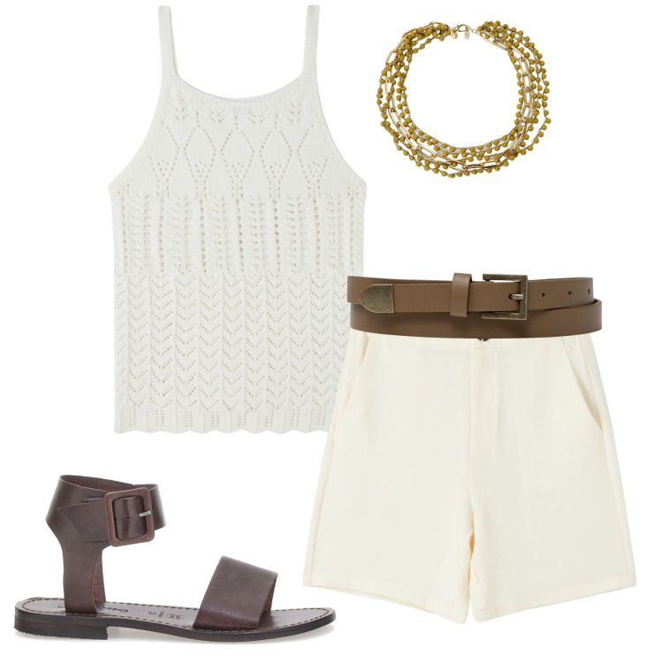 Outfit donna - Aperitivo con gli amici. Stile Casual per Serata fuori. Abbinamento con bermuda, top, collane, cinture, sandali in pelle.