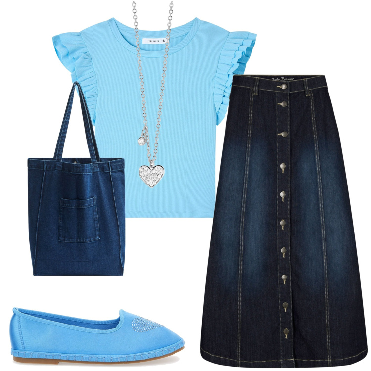 Outfit donna - In città. Stile Casual per Tutti i giorni. Abbinamento con gonne longuette, t-shirt, shopping bag, collane, ballerine.