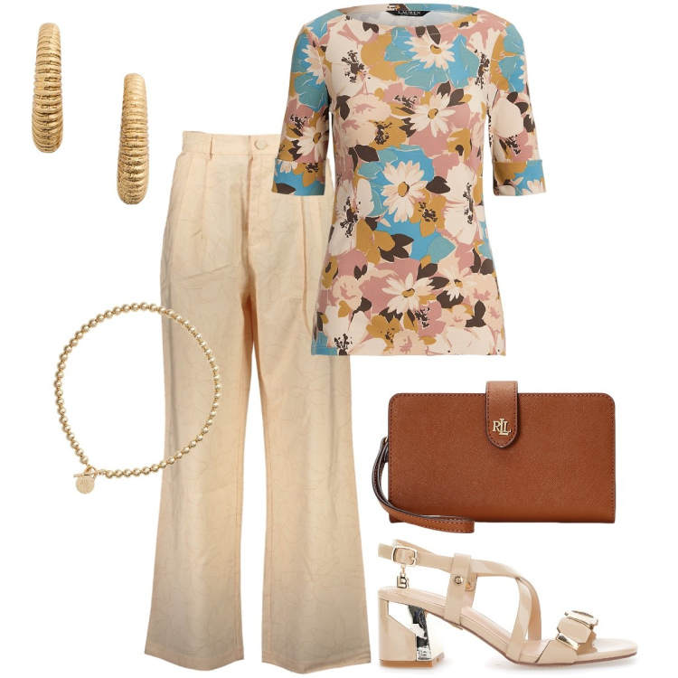 Outfit donna - Le maniche a tre quarti. Stile Bon Ton per Ufficio. Abbinamento con pochette, collane, maglieria, orecchini, sandali col tacco, pantaloni.