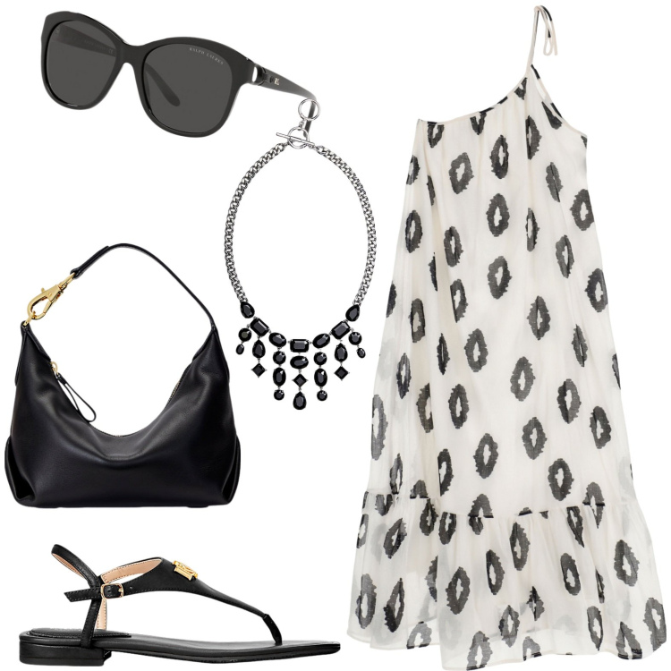 Outfit donna - Sera estiva. per Tutti i giorni. Abbinamento con vestiti lunghi, occhiali da sole, sandali in pelle, collane, borse a spalla.