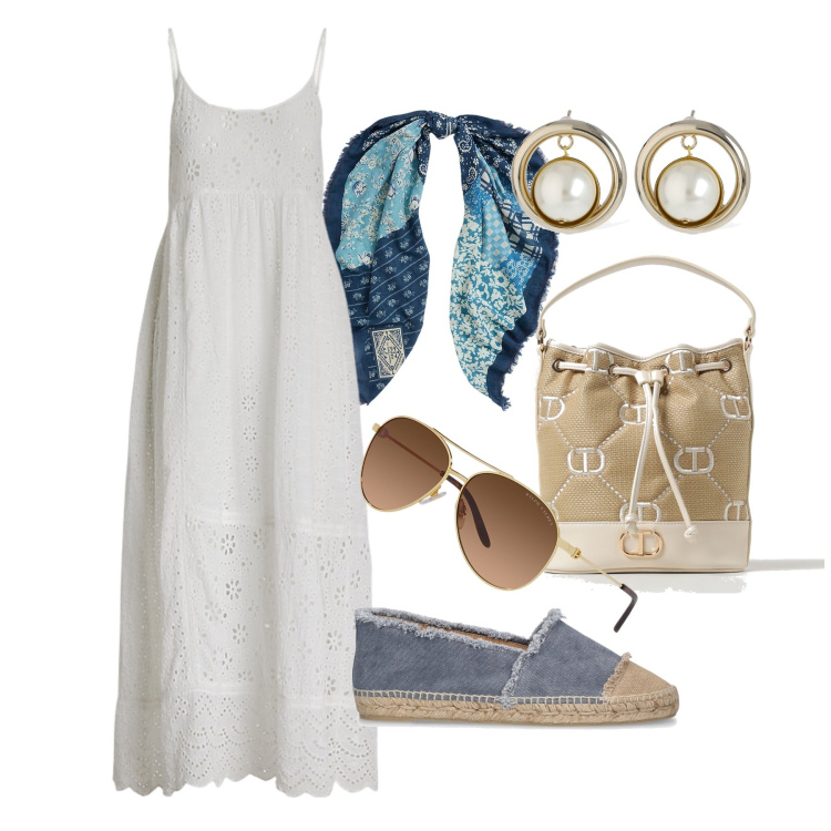 Outfit donna - Ghost outfitter - giugno. Stile Casual chic per Tutti i giorni. Abbinamento con occhiali da sole, vestiti, foulard, borse a spalla, orecchini, espadrillas.