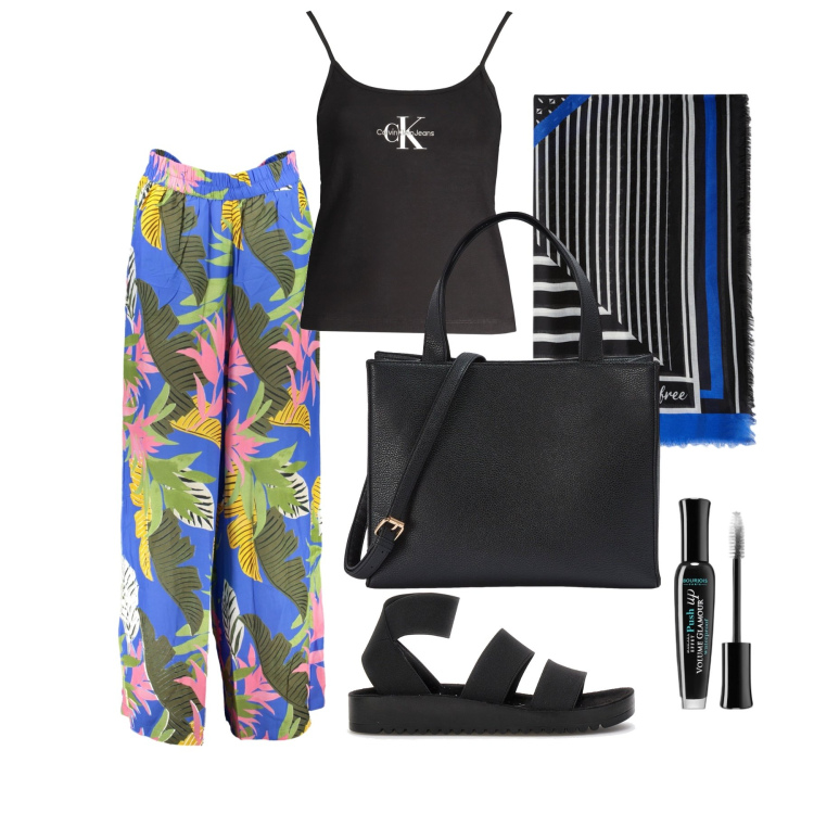 Outfit donna - Ghost outfitter - giugno. Stile Urban per Tutti i giorni. Abbinamento con mascara, shopping bag, sandali, pantaloni, canottiere, foulard.