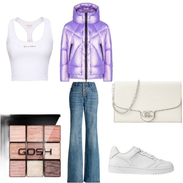 Outfit donna - shopping. per Serata fuori. Abbinamento con ombretti, blazer, sneakers, borse a tracolla, jeans, canottiere.