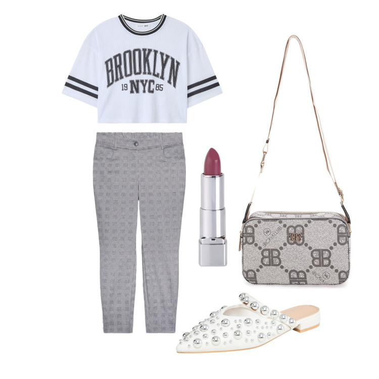 Outfit donna - Ghost outfitter - giugno. Stile Preppy per Ufficio. Abbinamento con rossetti, ballerine, t-shirt, pantaloni skinny, borse a tracolla.